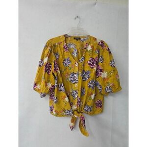 RD+Koko Linen Blouse Womens 2X Yellow Floral Puff Sleeve Front Tie Top